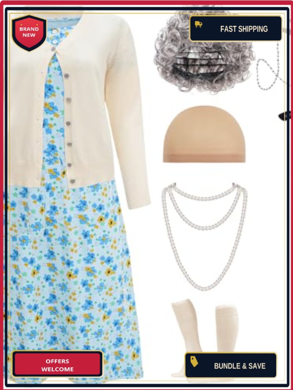 Old Lady Costume 9-Piece Set Nightgown Cardigan Wig Cane Glasses Grandma